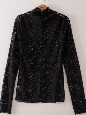 "Summer Lace" Stretch Sheer Lace High Neck Top Black